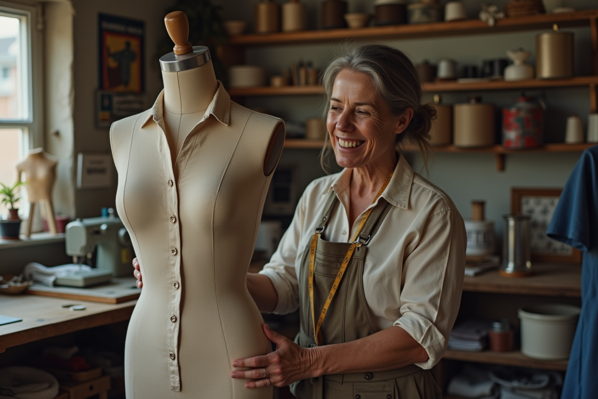 Couturiere ajustant un vêtement dans son atelier