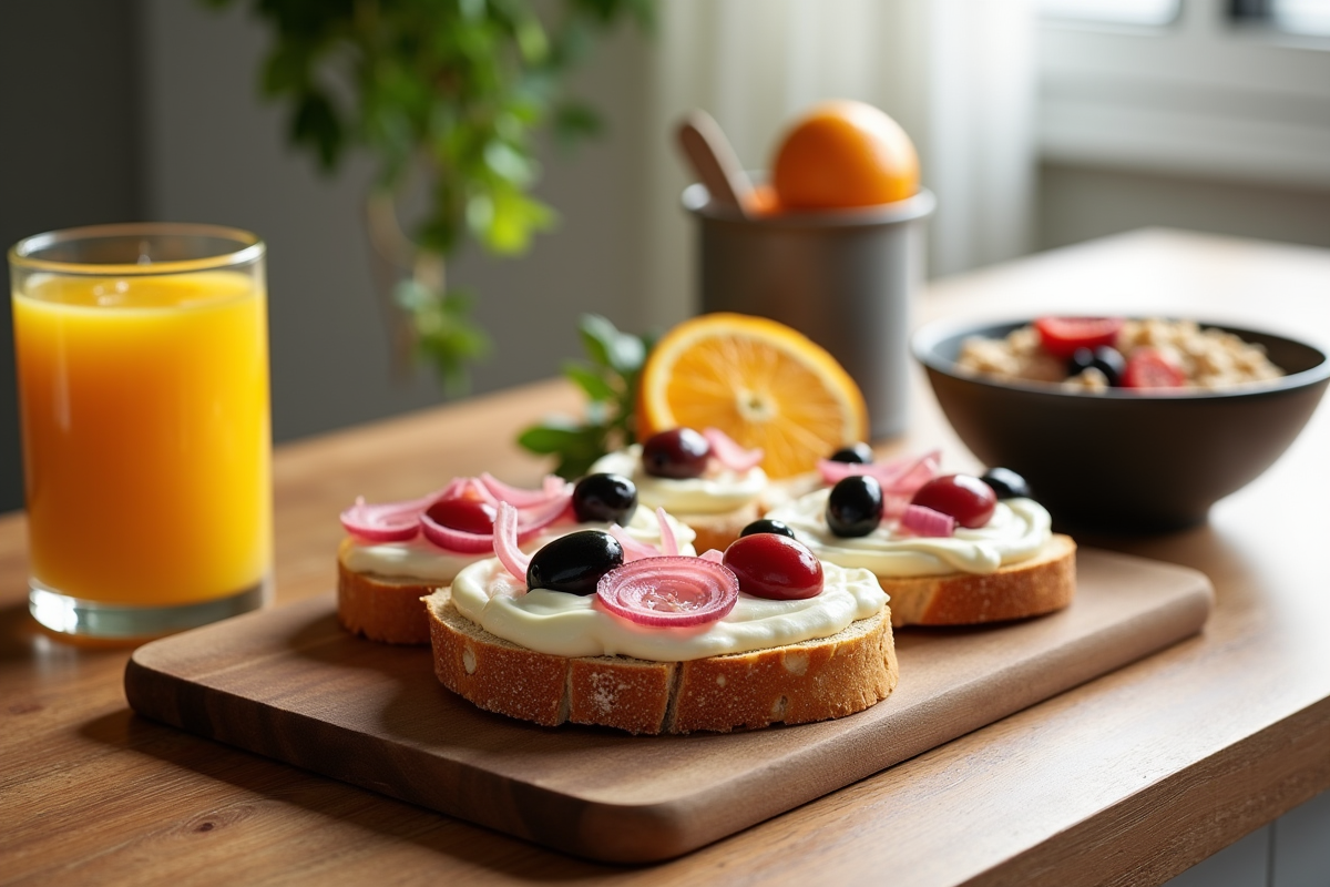 Tartines artisanales avec yaourt et garnitures dans la cuisine