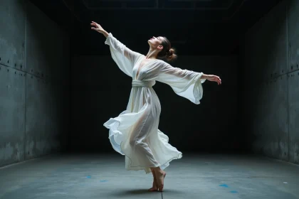 Danseuse contemporaine en mouvement sur scène au Havre lors du festival Pharenheit, costume blanc fluide, prise de vue grand angle en contre-plongée