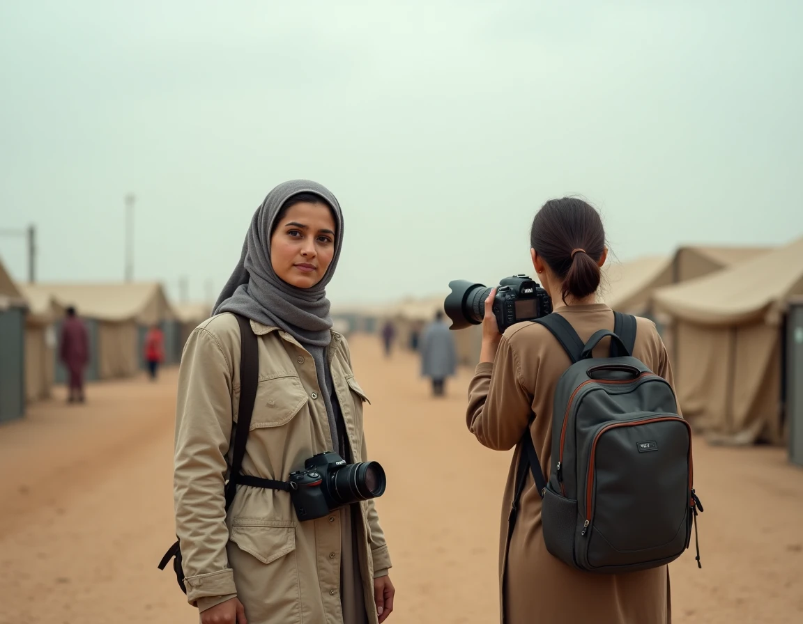 Deux femmes photographes en reportage aux abords d'un camp de réfugiés, appareils photo en main