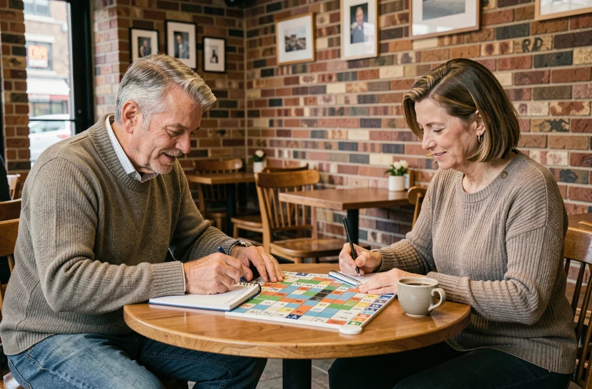Deux adultes jouant une partie de Scrabble dans un café avec une ambiance compétitive et conviviale
