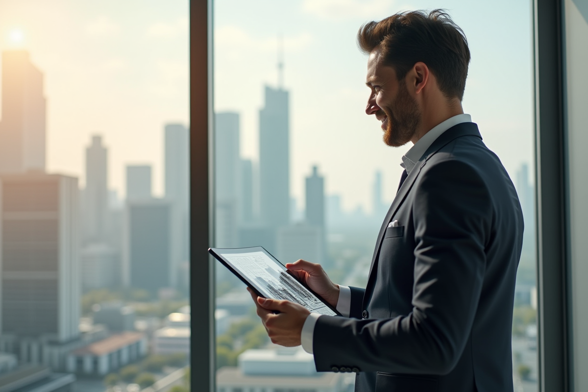 Promoteur immobilier présentant plans futuristes dans un bureau lumineux