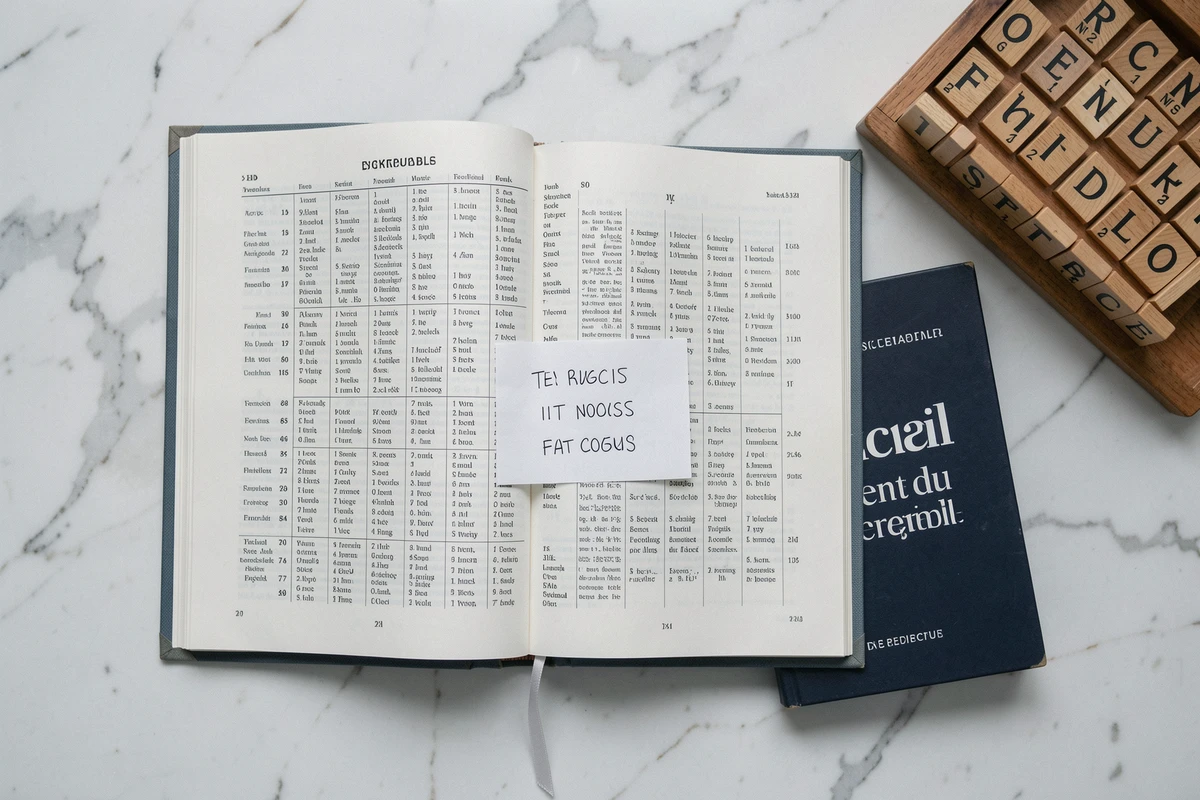 Dictionnaire officiel du Scrabble ouvert avec des abréviations de villes belges à trois lettres notées à la main