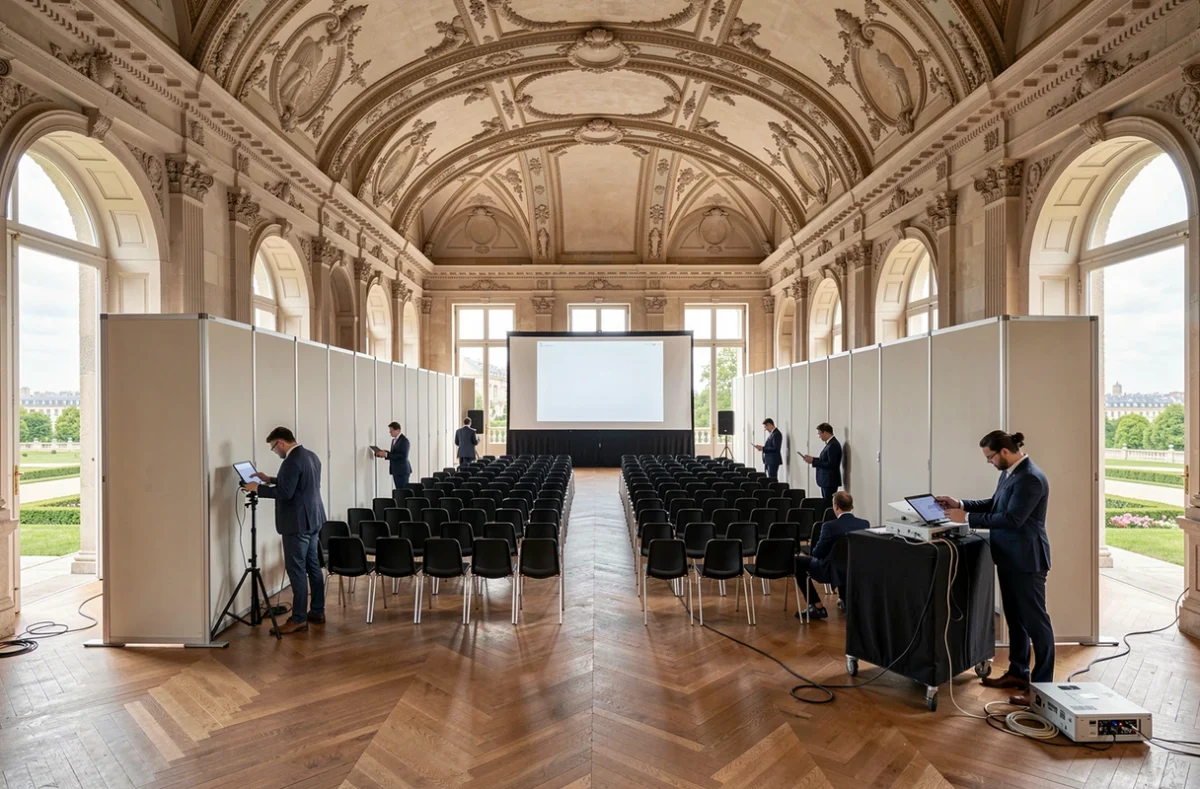 Grande salle modulable du Domaine national de Saint-Cloud préparée pour un séminaire d'entreprise