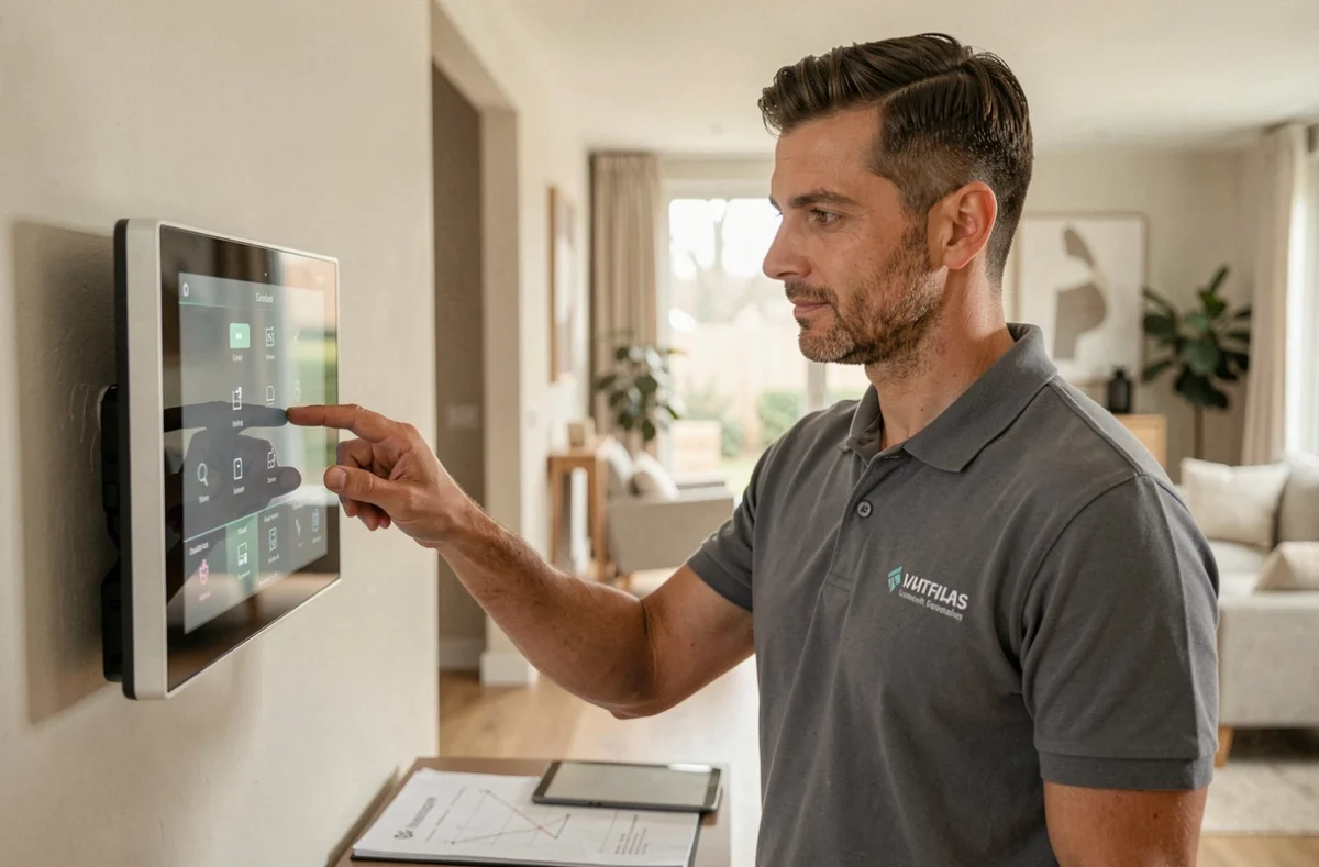 Technicien de Domotech Electricité programmant un système domotique dans une maison connectée de la Somme