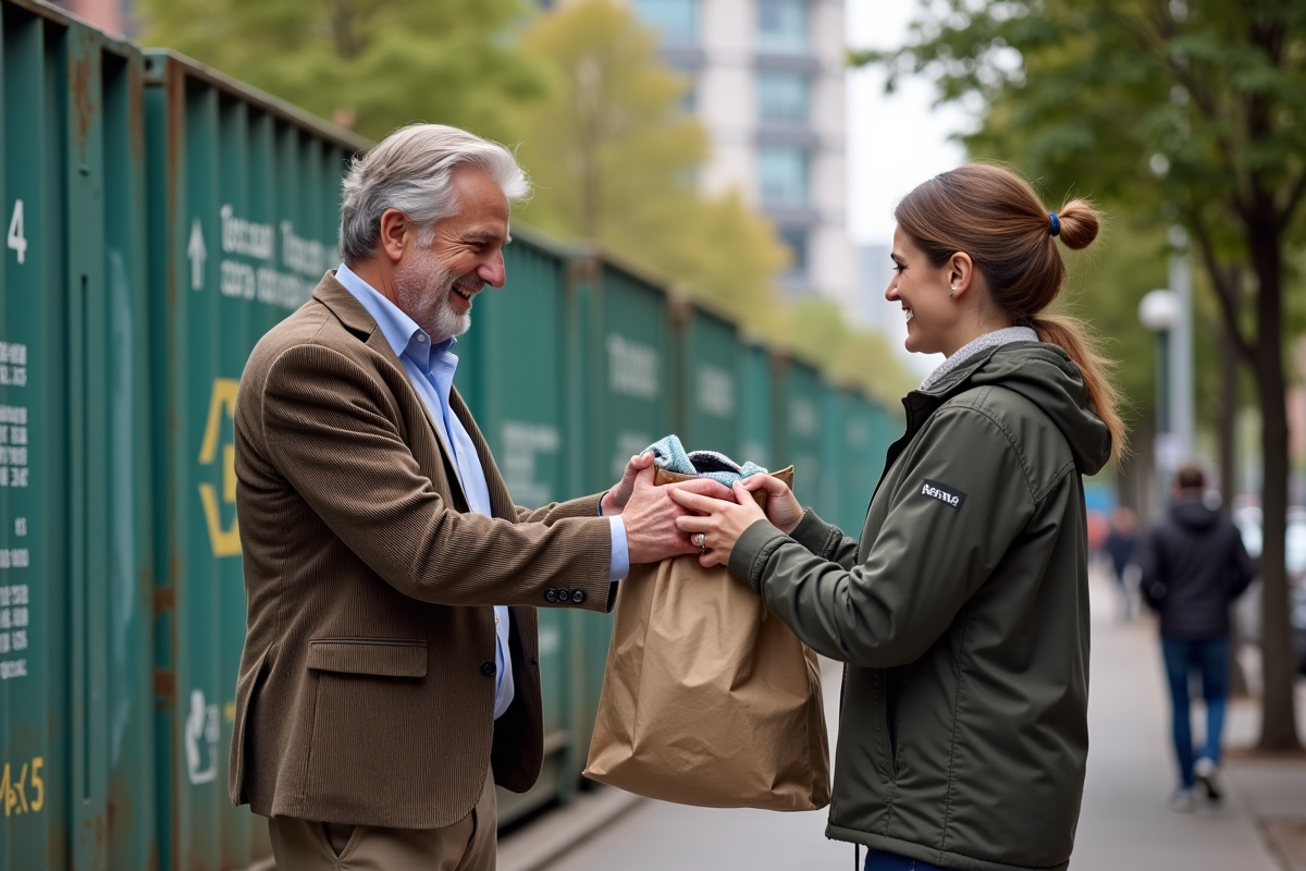 Homme donne des vêtements à une collecte caritative en ville
