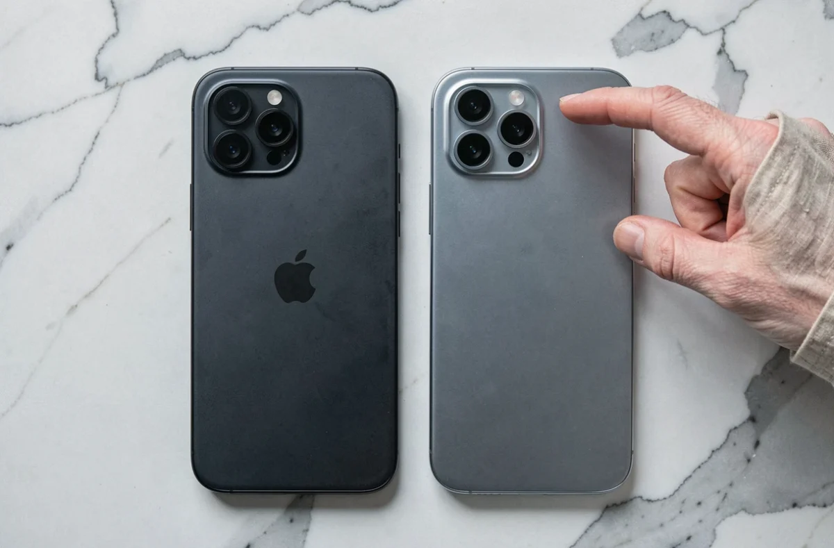 Gros plan des dos de deux iPhone côte à côte sur marbre blanc montrant les modules caméra