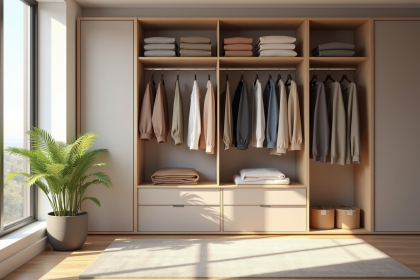 Dressing moderne avec rangement organisé et lumière naturelle