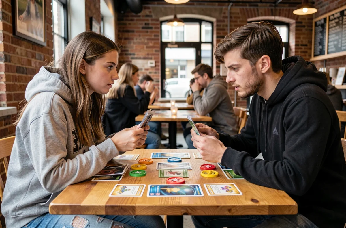 Deux joueurs s'affrontent dans un duel de cartes Pokémon Pocket dans un café parisien