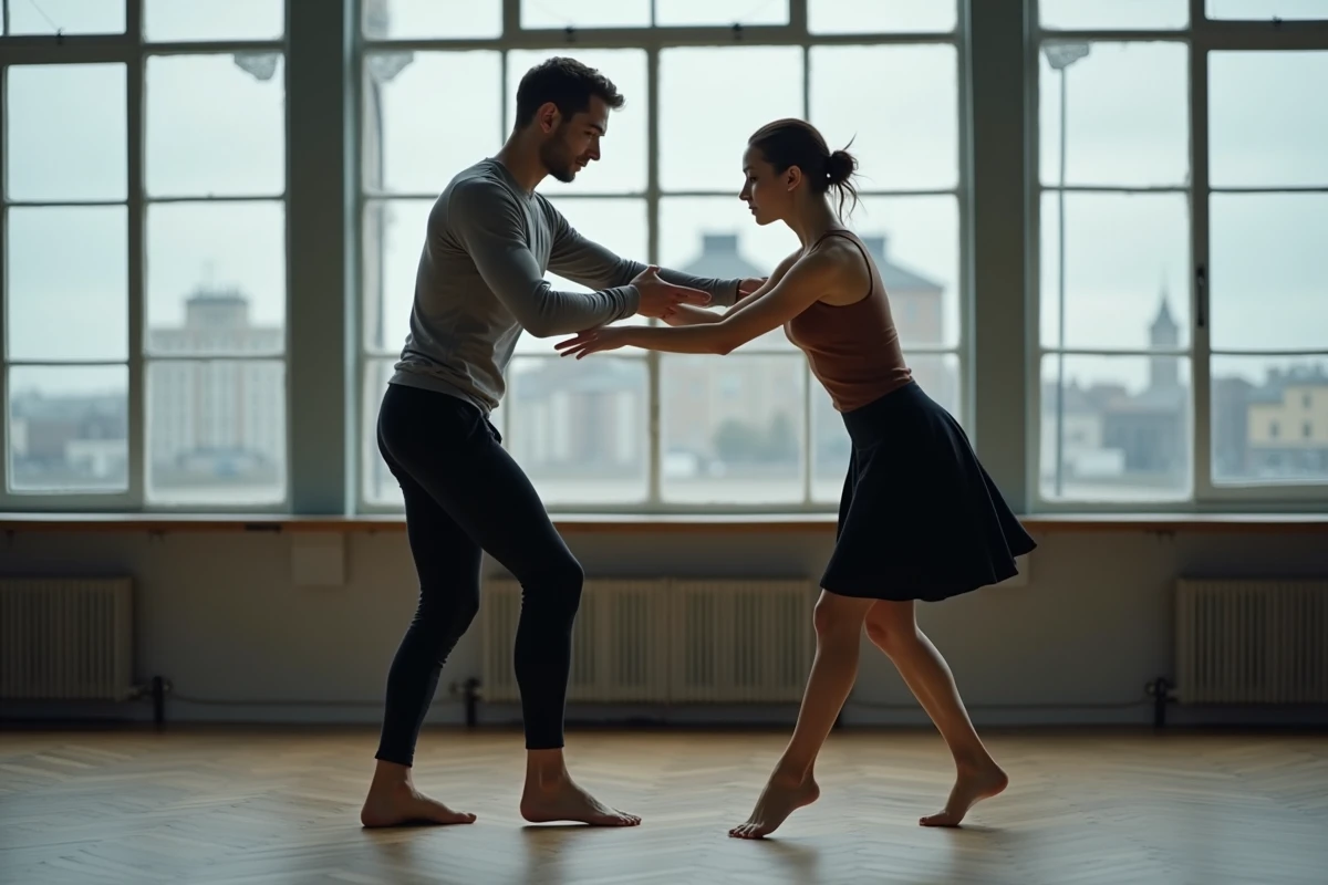 Duo de danseurs contemporains en répétition dans un studio au Havre, parquet ancien et fenêtres industrielles, festival Pharenheit