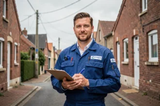 Électricien professionnel en uniforme devant un quartier résidentiel de la Somme, tenant un clipboard