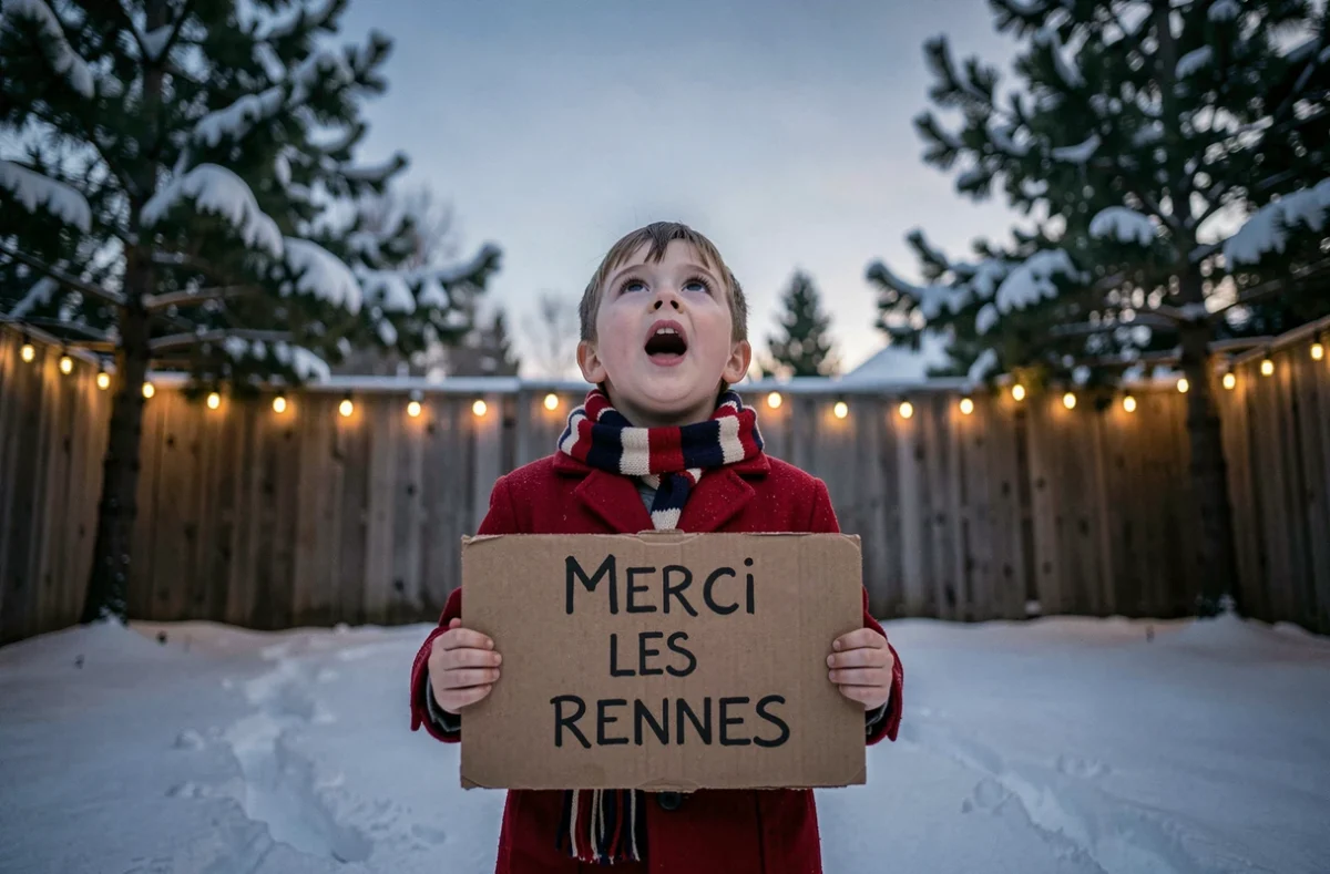 Jeune enfant en manteau rouge regardant le ciel étoilé avec émerveillement et un panneau remerciant les rennes de Noël