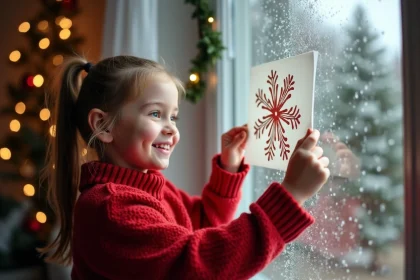 Fille souriante en pull rouge collant une étoile de Noël