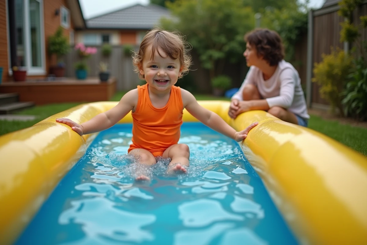 Un enfant en maillot orange sur un toboggan gonflable de jardin avec un parent attentif, symbolisant l'aplouf familial à domicile