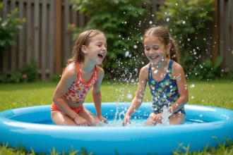 Deux enfants qui s'amusent et s'éclaboussent dans un petit bassin gonflable dans un jardin, illustrant le concept d'aplouf à domicile