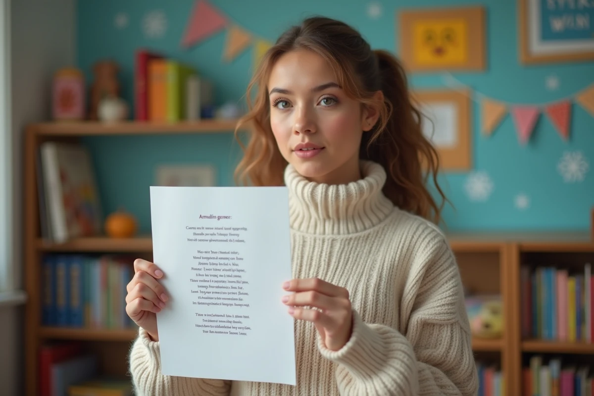Enseignante tenant une feuille de poésie sur l'hiver dans une salle de classe décorée de flocons de neige