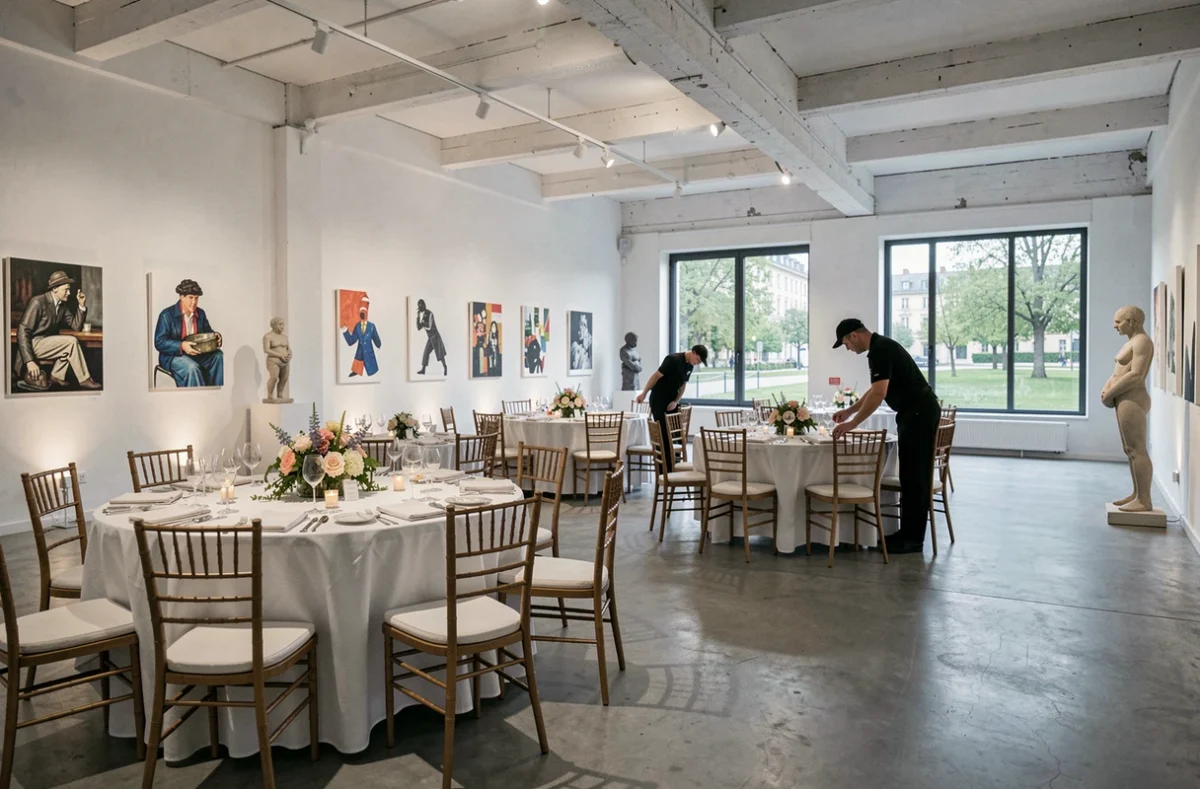 Salle de l'Espace Landowski à Boulogne-Billancourt aménagée pour une réception privée avec œuvres d'art