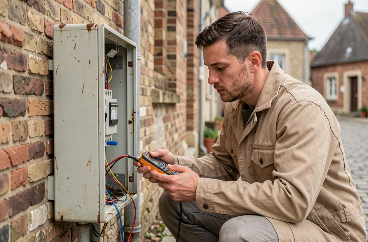 Électricien d'Esteve Electricité vérifiant un coffret électrique extérieur sur une maison de la Somme