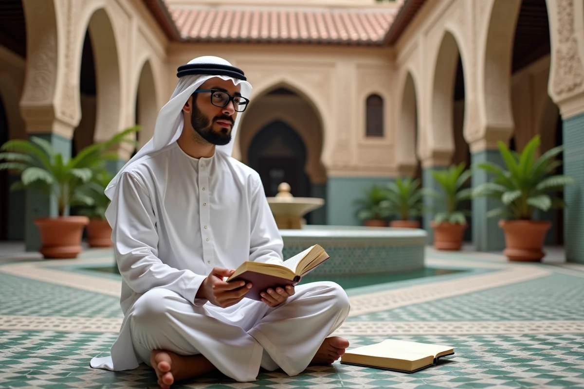 Jeune étudiant musulman lisant un livre de jurisprudence islamique dans un patio de medersa marocaine avec fontaine et décor en zellige, référence à l'étude du Muwatta