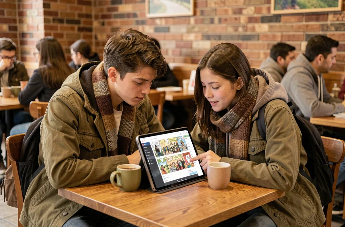 Deux étudiants lisant ensemble des scans manga sur une tablette dans un café urbain