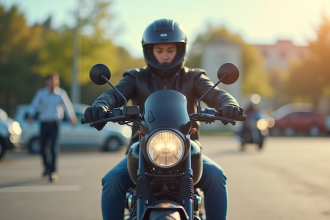 Jeune adulte passant l'examen de permis moto en extérieur