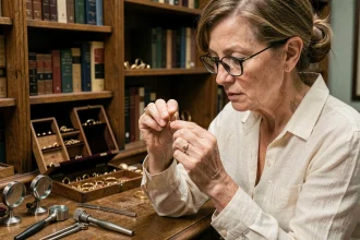 Experte en bijouterie examinant un anneau en or avec une loupe pour vérifier le poinçon d'authenticité
