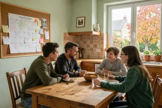 Famille française réunie autour d'un calendrier 2026 marqué des jours fériés par zone scolaire
