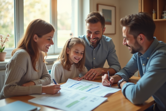 Famille souriante lisant des documents financiers à la maison