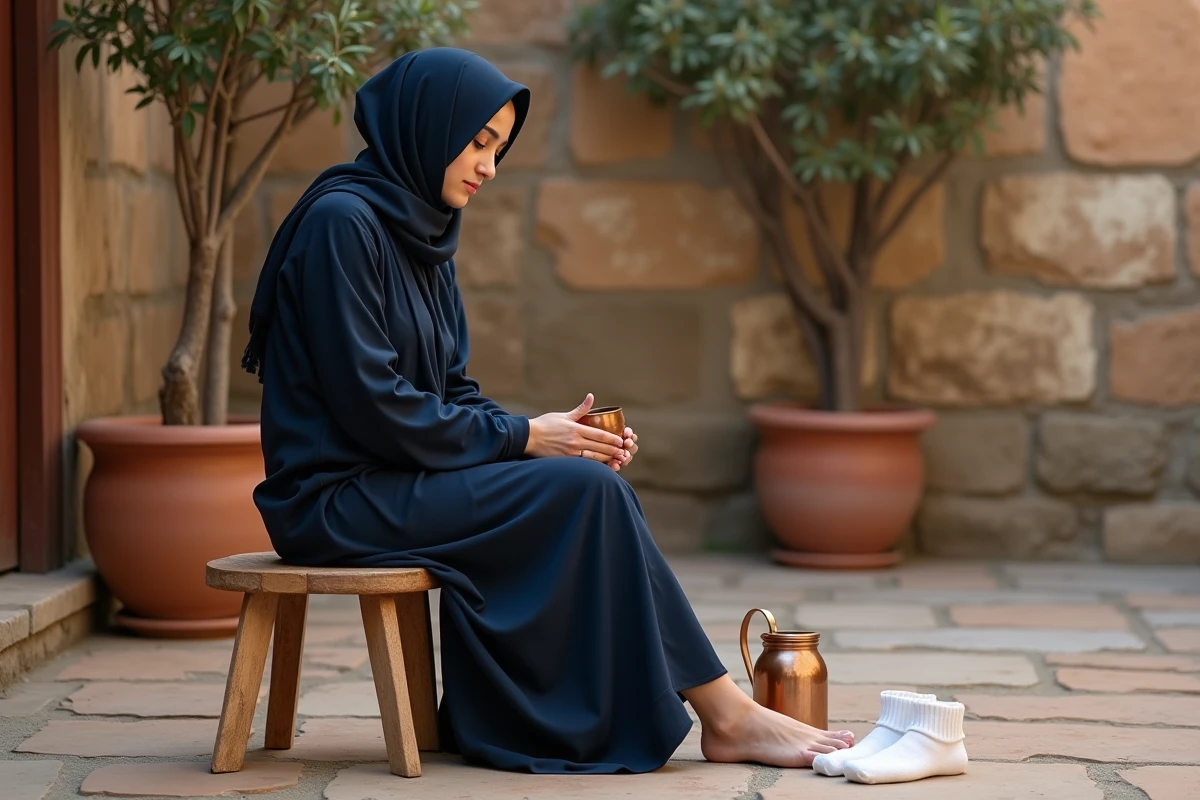 Jeune femme musulmane réalisant le lavage des pieds pour la petite ablution dans une cour traditionnelle avec une aiguière