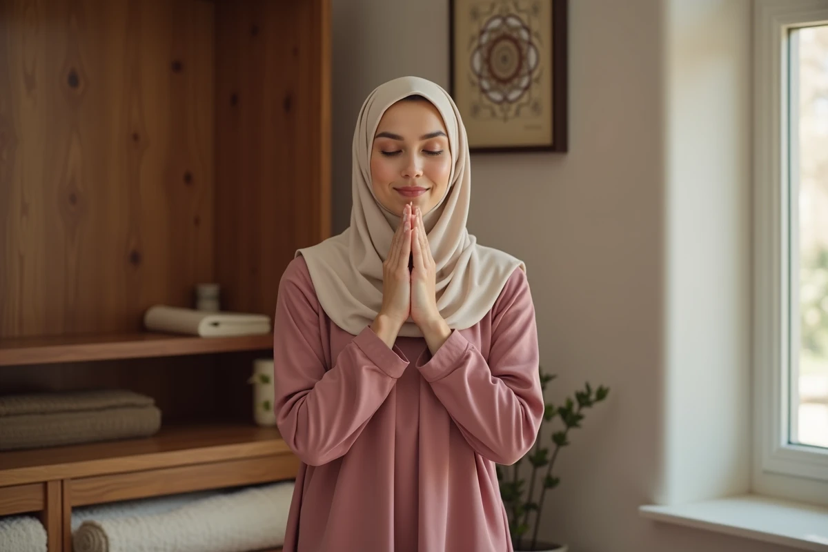 Femme effectuant la petite ablution en se passant les mains humides sur le visage dans une pièce de prière intérieure