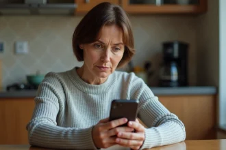 Femme méfiante regardant un appel entrant international sur son smartphone affichant l'indicatif +41