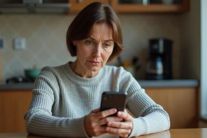 Femme méfiante regardant un appel entrant international sur son smartphone affichant l'indicatif +41