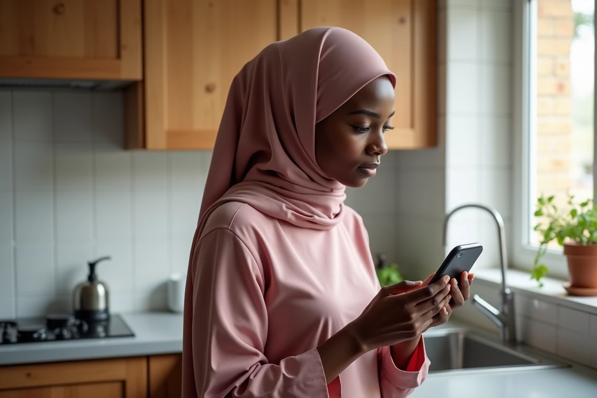 Femme consultant les heures de prières islamiques sur smartphone dans une cuisine à Bezons