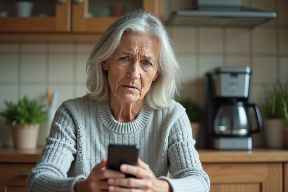 Femme d'âge moyen inquiète regardant un appel entrant inconnu sur son smartphone dans une cuisine, illustrant les arnaques téléphoniques