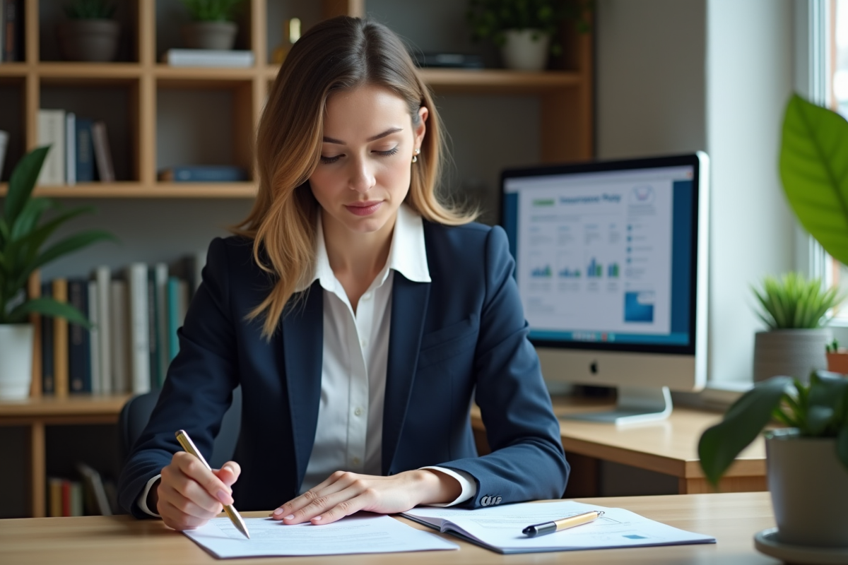 Femme professionnelle en bureau moderne examine des papiers d'assurance