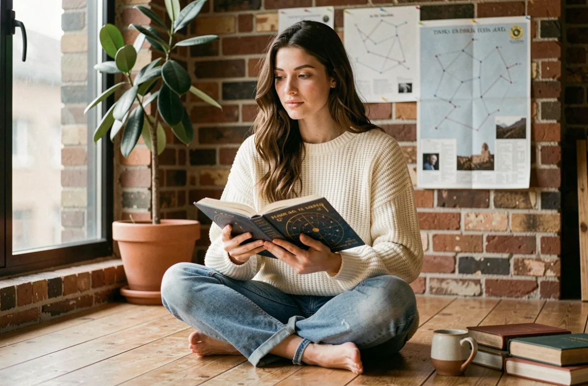 Jeune femme lisant un livre d'astrologie pour découvrir les compatibilités amoureuses du signe du Cancer né le 12 juillet