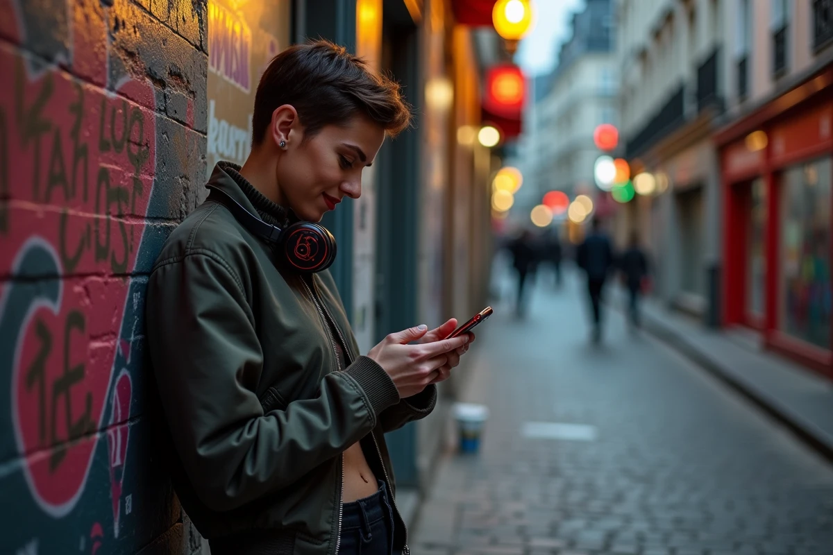 Jeune femme avec casque dehors un matin à Paris