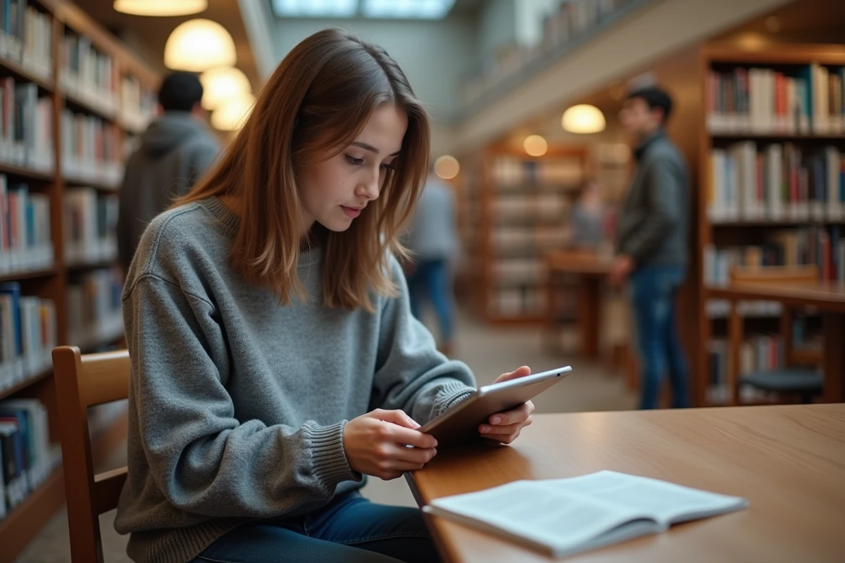 Femme française regardant manga sur tablette dans une bibliothèque