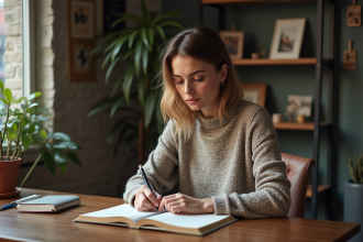 Femme dans un bureau cosy en train de feuilleter un carnet
