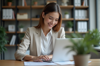 Jeune femme professionnelle souriante devant son ordinateur