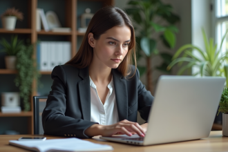 Jeune femme en tenue décontractée au bureau avec ordinateur portable