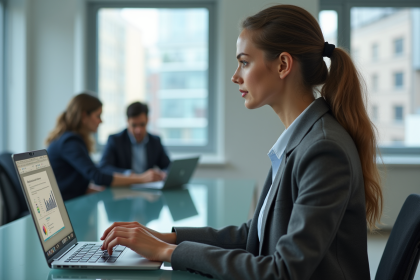 Jeune femme au bureau travaillant sur son ordinateur