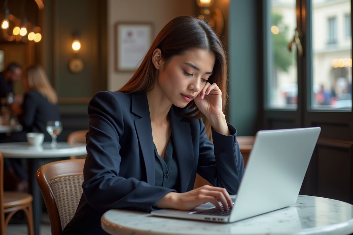 Jeune femme au café parisien examinant des CV sur son ordinateur
