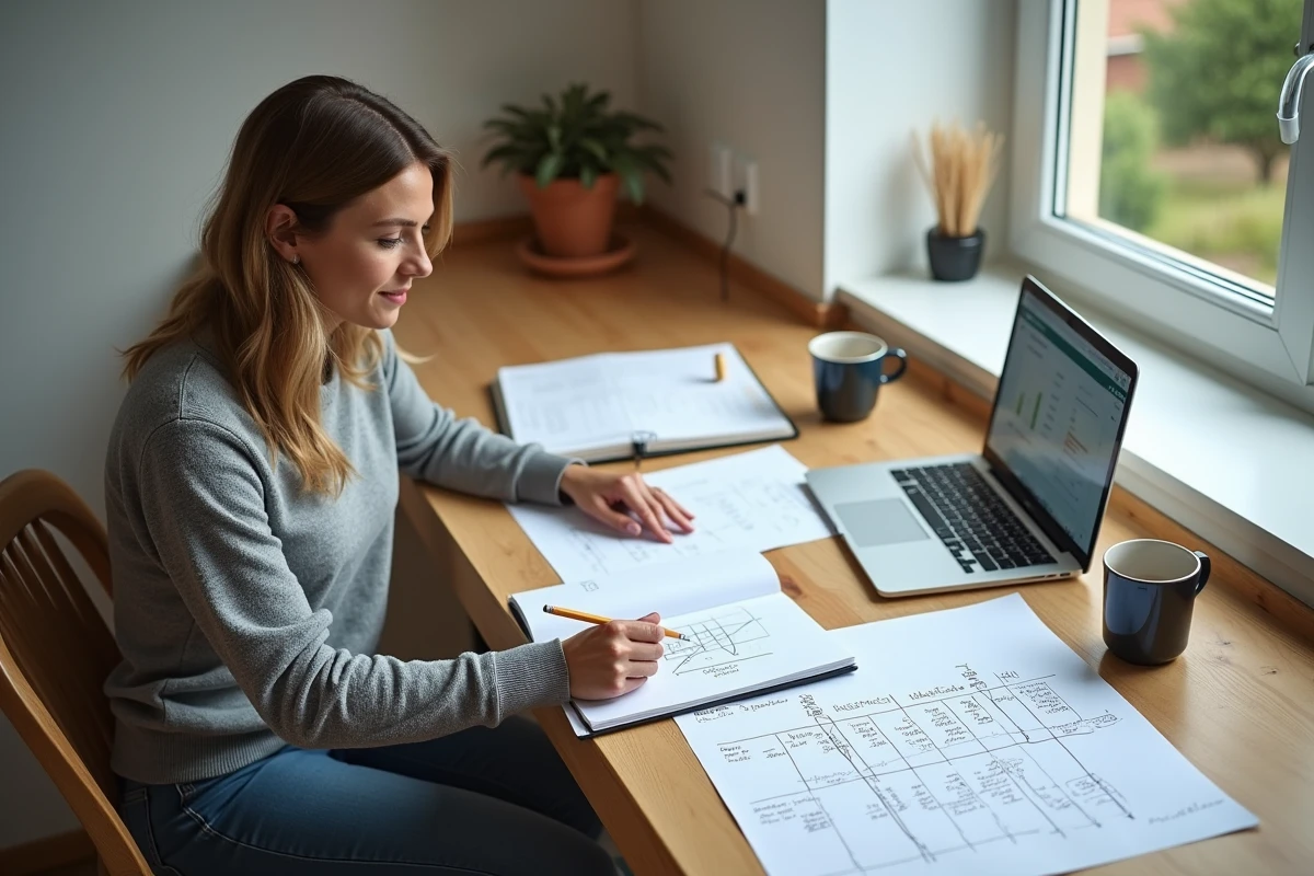 Femme calculant la conversion de m2 en m3 pour estimer le volume d'isolant nécessaire à son projet de rénovation