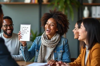 Femme souriante avec bloc-notes dans un espace de bureau convivial