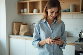 Femme utilisant son smartphone pour passer une commande Carrefour Drive avec un code promo dans une cuisine moderne