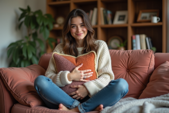Jeune femme en pull douillet sur un sofa vintage
