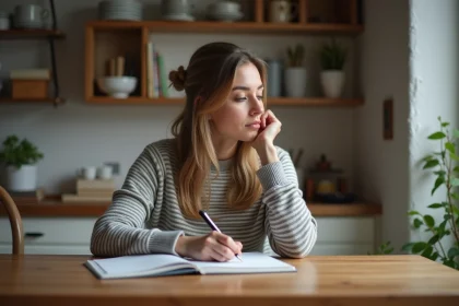 Jeune femme en sweater à la cuisine en train d'écrire