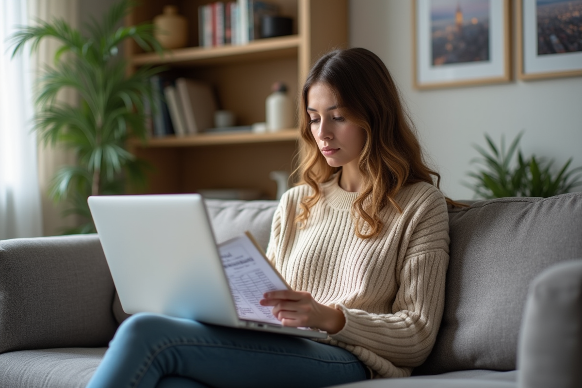 Jeune femme sur canapé avec ordinateur et calculs