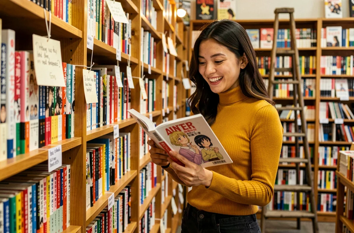Jeune femme découvrant un scan yaoi romantique dans une librairie indépendante aux rayons chargés de mangas